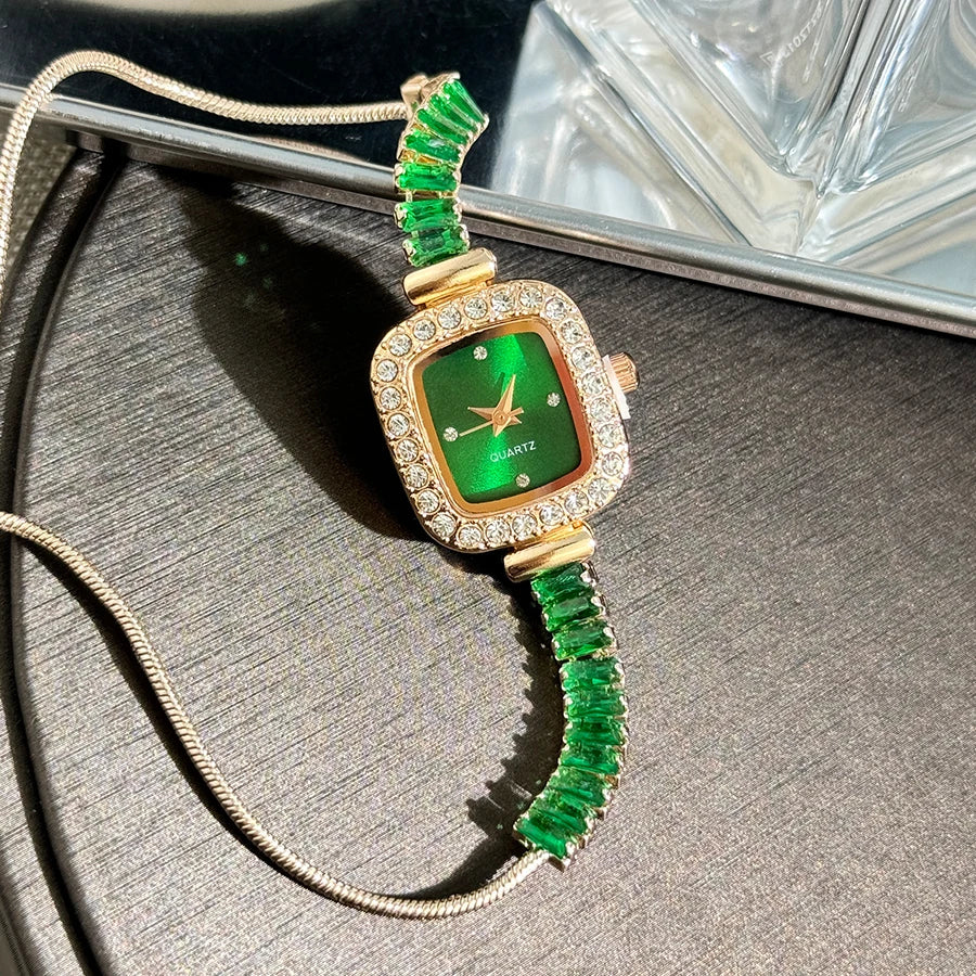 women's inlaid zircon flexible pull out bracelet with diamond square alloy case rhinestone scale simple dial quartz watch - Zenflow Active