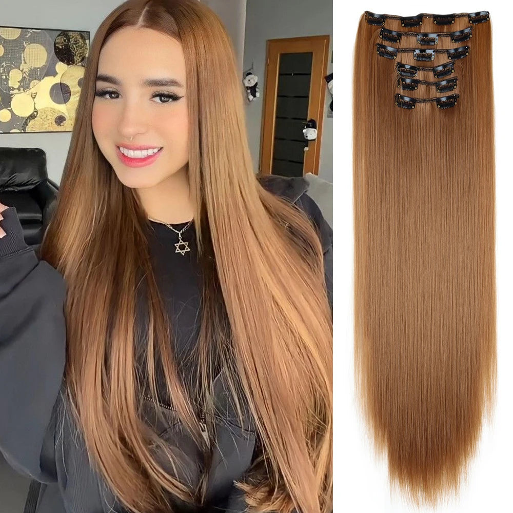 Hair Extensions 24"/60cm 6pcs/set Women Long Straight Synthetic Full Head Clip 16 Clips Ombre Heat Resistant Fiber Hair - Zenflow Active