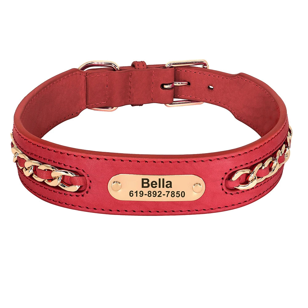 Personalised Leather Dog Collar | Custom Engraved Name & ID with Chain Accessories - Zenflow Active