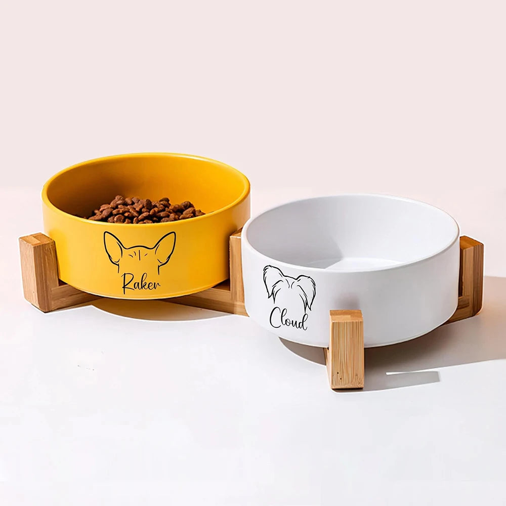 Personalised Ceramic Pet Bowl with Wooden Stand | Custom Name Bowl for Cats & Dogs - Zenflow Active