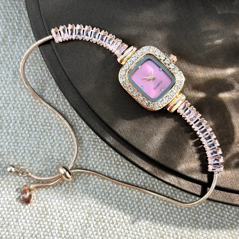 women's inlaid zircon flexible pull out bracelet with diamond square alloy case rhinestone scale simple dial quartz watch - Zenflow Active