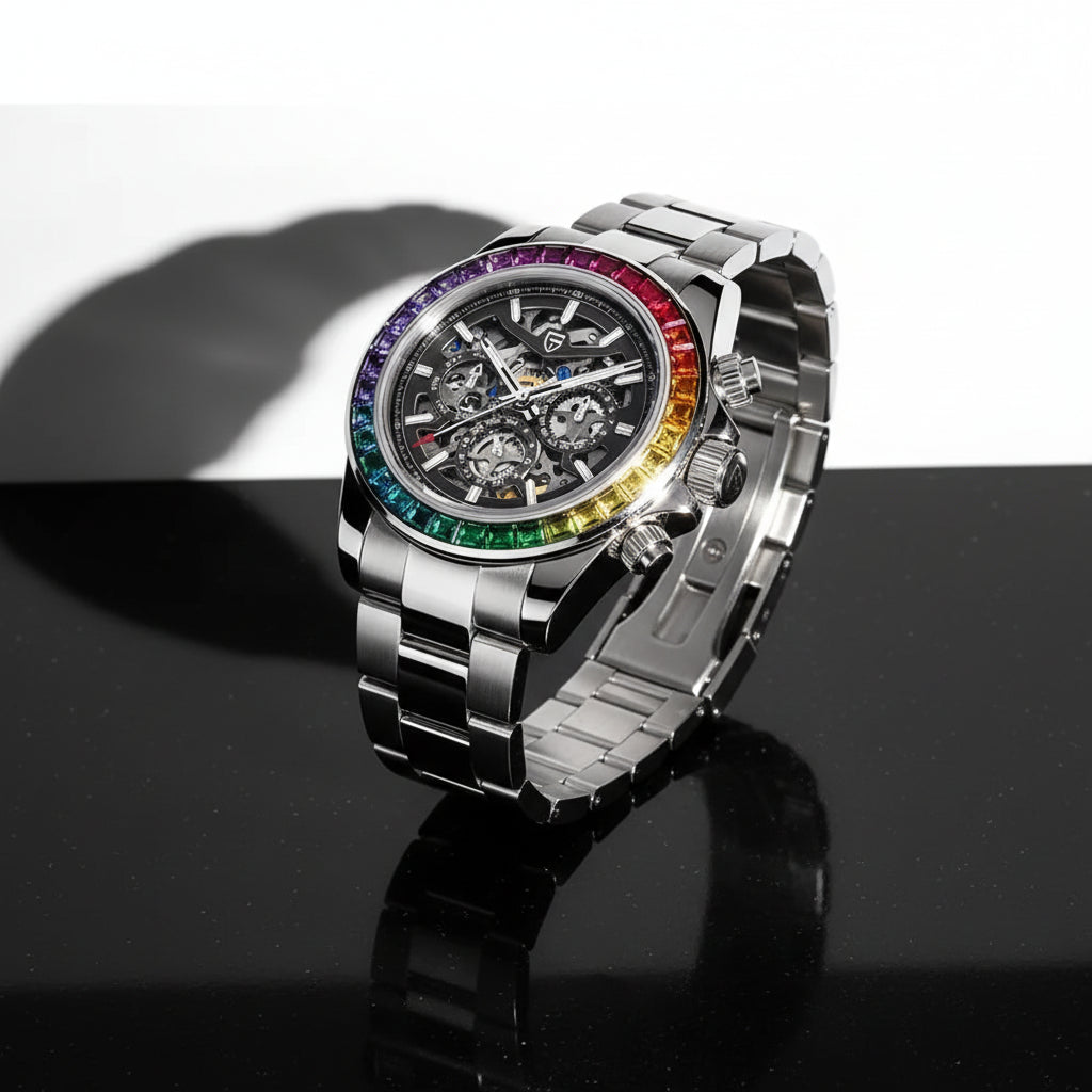 Pagani Design Gemstone Bezel Skeleton Automatic Watch | Sapphire Crystal | 100m Water Resistant - Zenflow Active