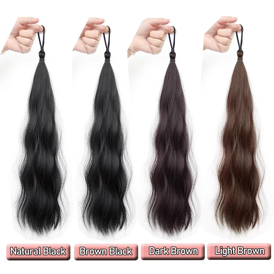 Long Wavy Synthetic Self-Winding Ponytail Hair Extensions With Elastic Rubber Band Braided Hair Bundle For Women Increase Hair - Zenflow Active