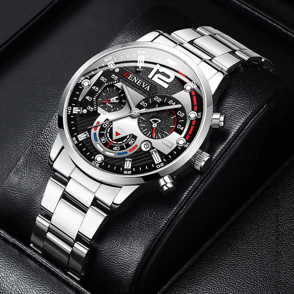 Men's Watch Stainless Steel Band Analog Quartz Wristwatch with Calendar - Zenflow Active