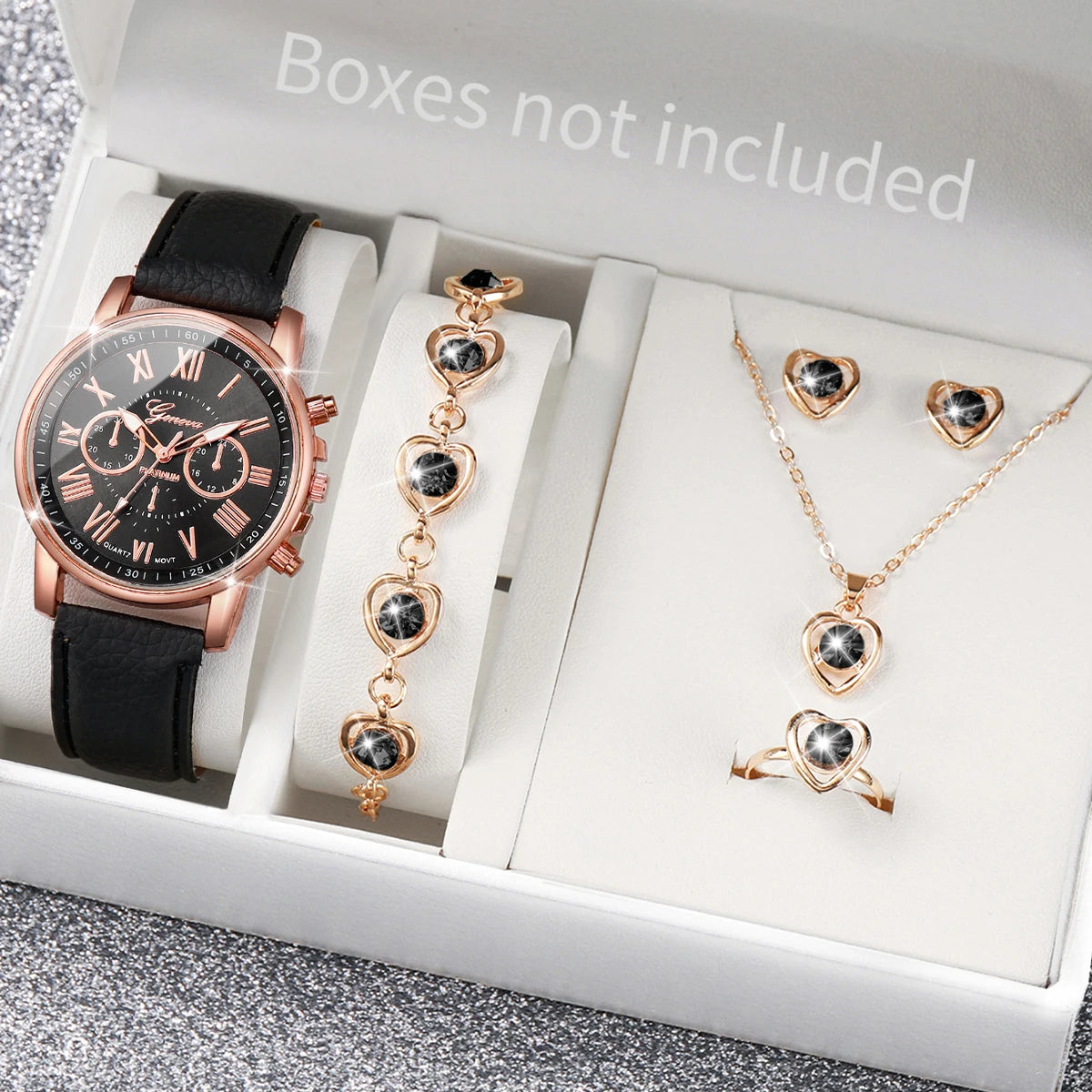 5/6PCS Fashion Women's Quartz Watch Leather Band Analog Wrist Watches Heart Rhinestone Jewelry Set(Without Box) - Zenflow Active