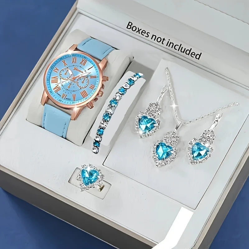 Fashion quartz watch and jewelry set, shock resistant circular analog digital display, PU leather strap, zinc alloy case - Zenflow Active
