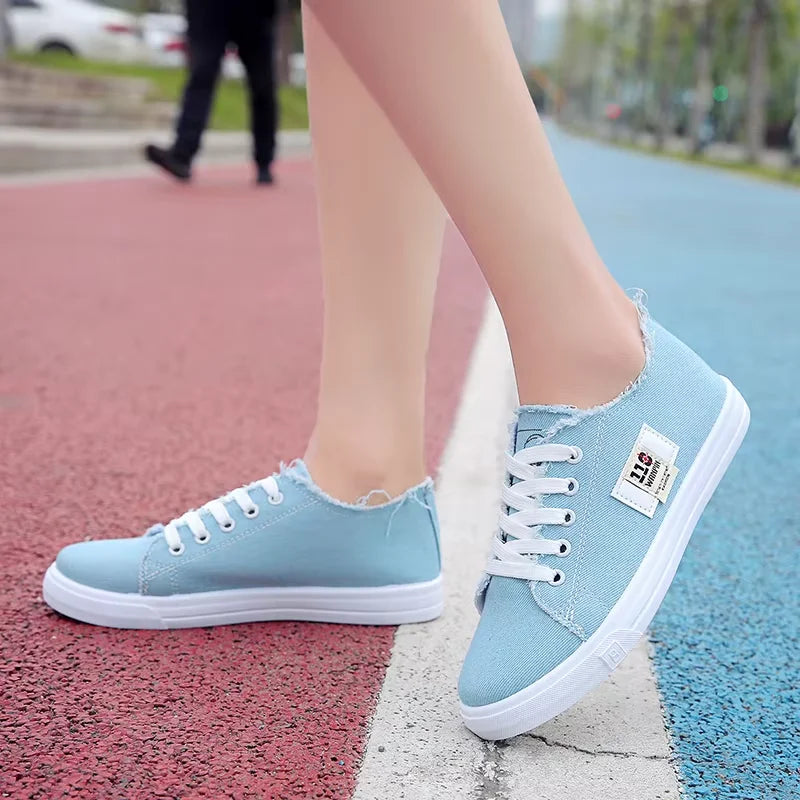 Women's Canvas Lace-Up Flat Trainers — Solid Colour, Low Heel, Casual & Sport - Zenflow Active