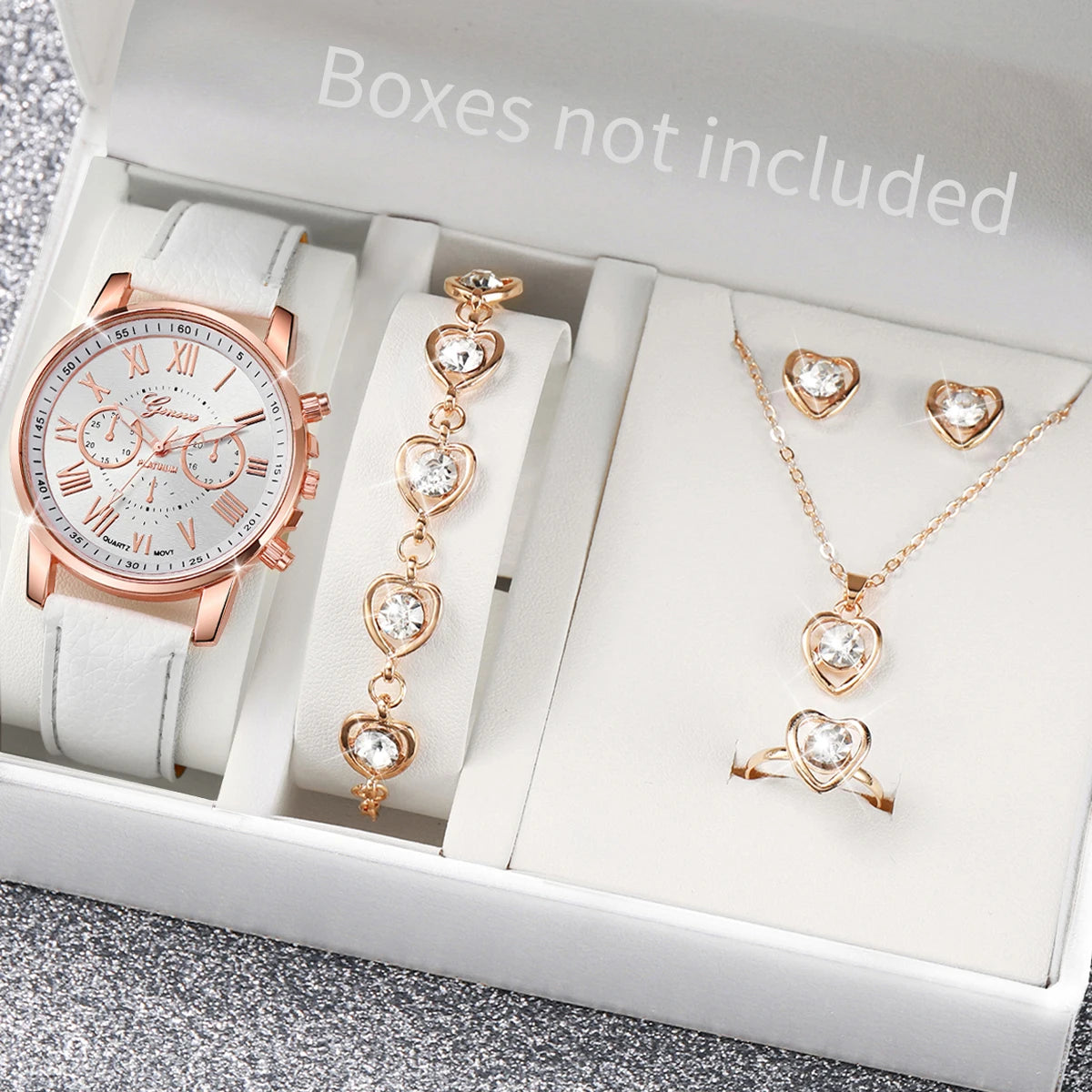 5/6PCS Fashion Women's Quartz Watch Leather Band Analog Wrist Watches Heart Rhinestone Jewelry Set(Without Box) - Zenflow Active
