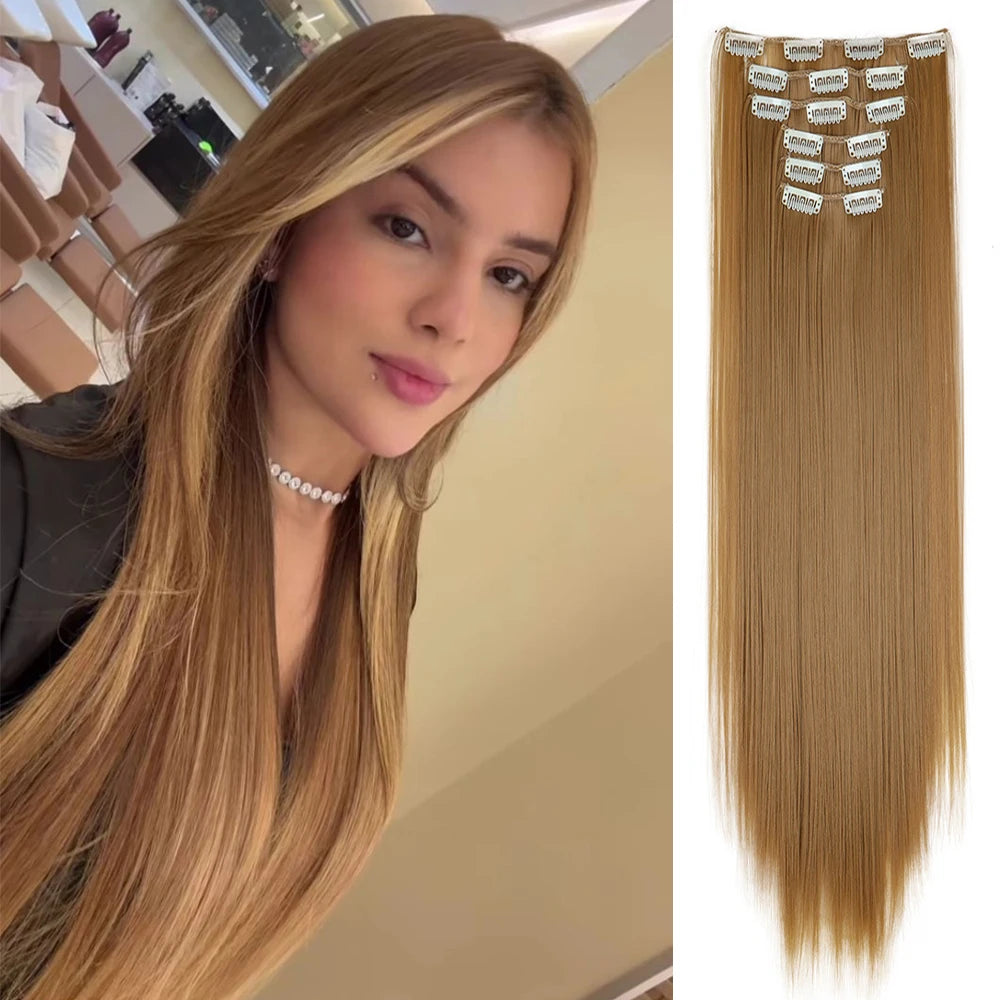 Hair Extensions 24"/60cm 6pcs/set Women Long Straight Synthetic Full Head Clip 16 Clips Ombre Heat Resistant Fiber Hair - Zenflow Active