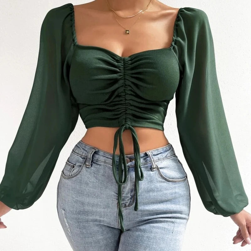 Chiffon Knit Puff Sleeve V-Neck Top Zenflow Active