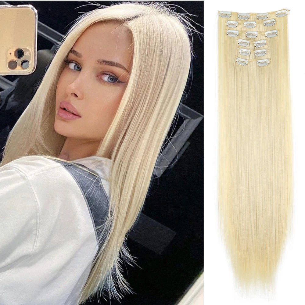 Hair Extensions 24"/60cm 6pcs/set Women Long Straight Synthetic Full Head Clip 16 Clips Ombre Heat Resistant Fiber Hair - Zenflow Active