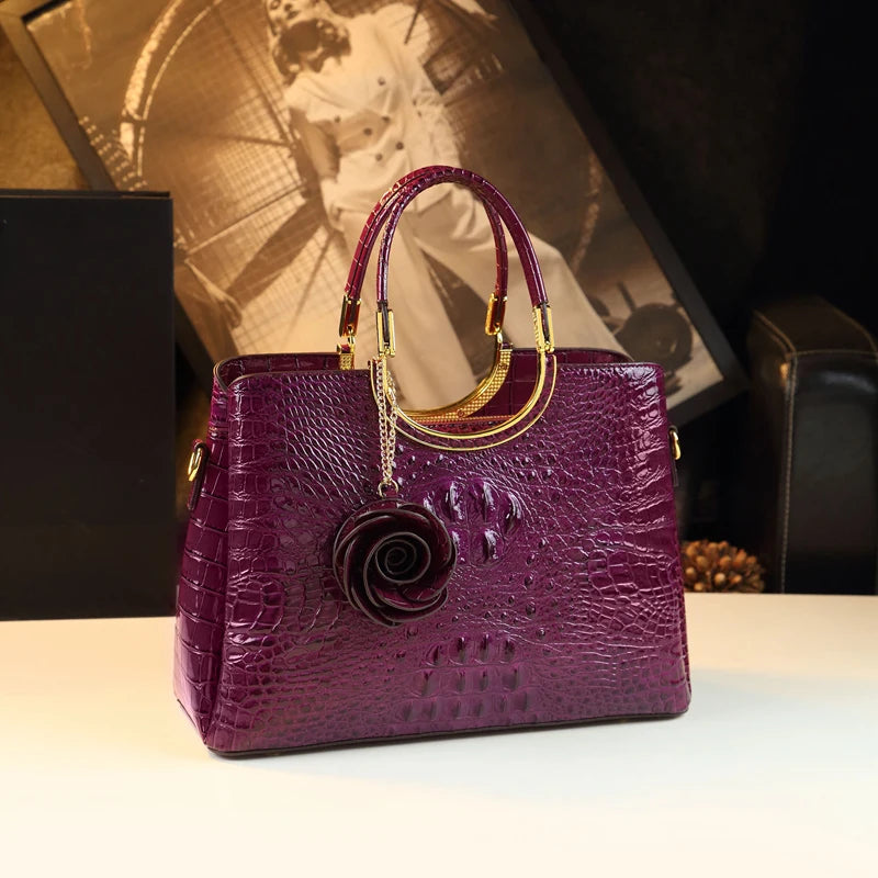 Genuine Leather Women's Handbags Crocodile Pattern Lady Flower Tassel Shoulder Bag - Zenflow Active