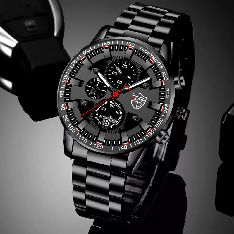 Men's Watch Black Stainless Steel Quartz Wristwatch - Zenflow Active