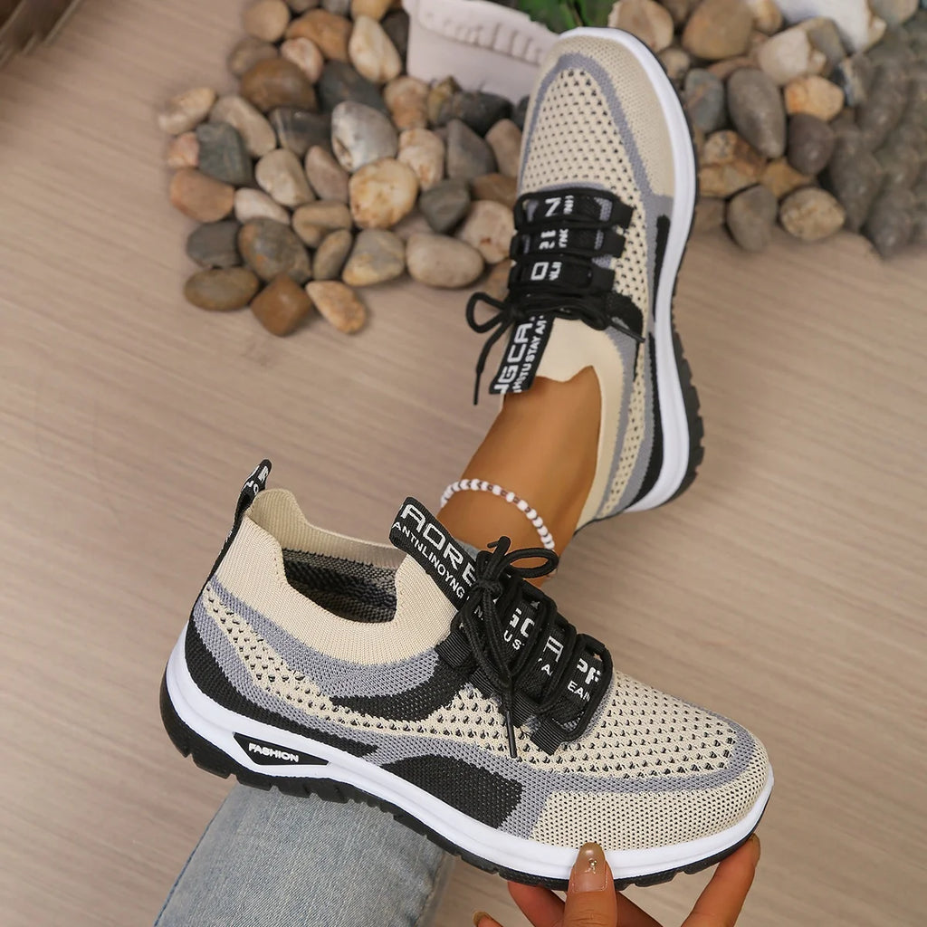 Women's Two-Tone Canvas Lace-Up Trainers — Patchwork, Low Heel, Breathable, Casual - Zenflow Active