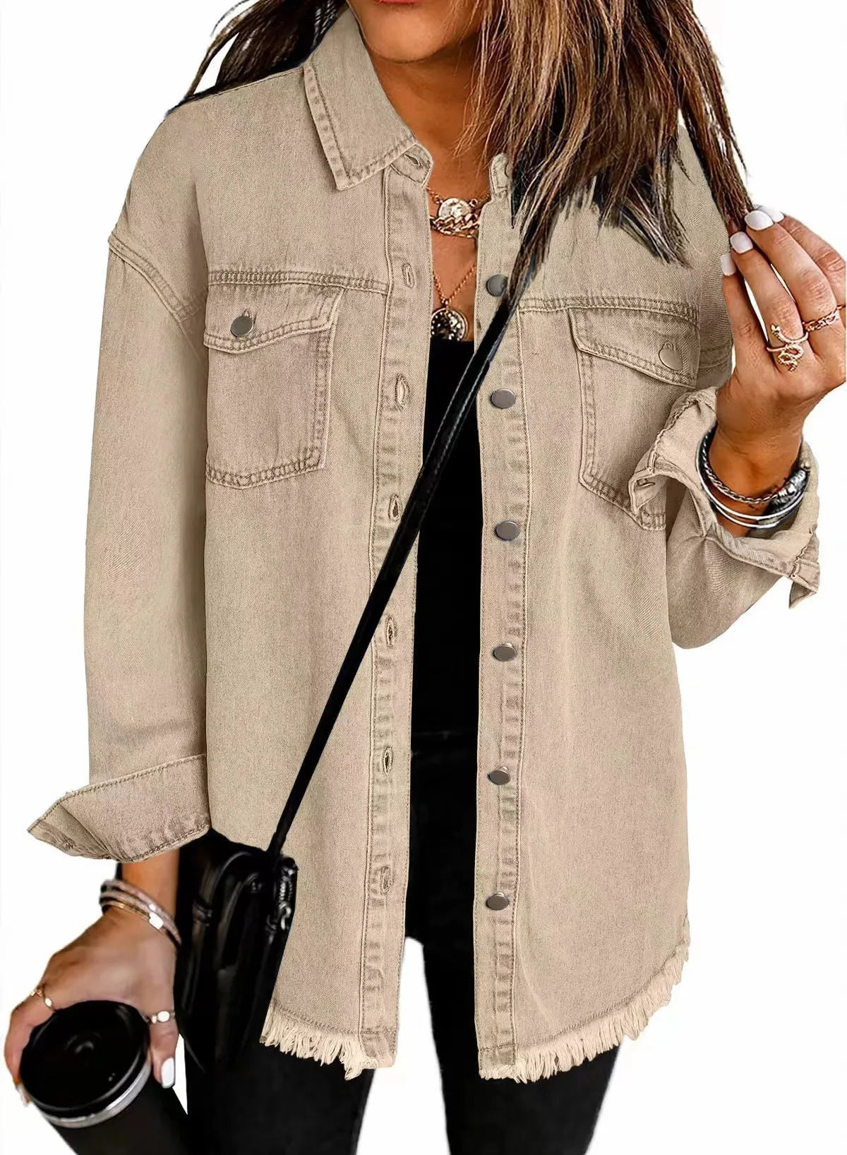 Women’s Distressed-Hem Long Denim Shirt Jacket Zenflow Active