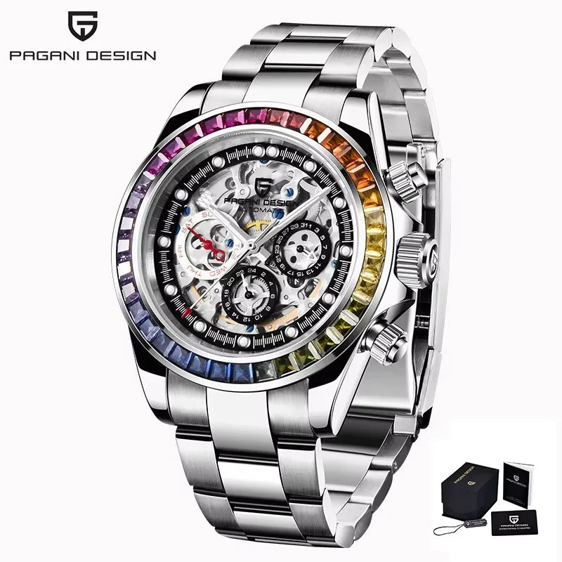 Pagani Design Gemstone Bezel Skeleton Automatic Watch | Sapphire Crystal | 100m Water Resistant - Zenflow Active