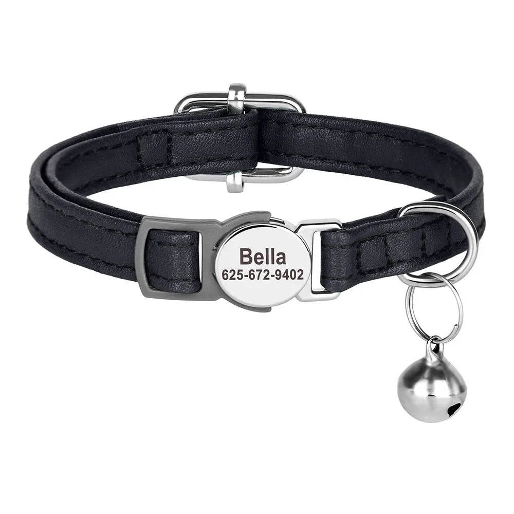 Personalised Cat Collar | PU Leather with Engraved ID Nameplate & Bell - Zenflow Active