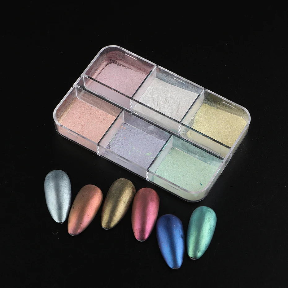 Aurora Chrome Mirror Nail Powder – Holographic Metallic Pigment | 6-Grid Set - Zenflow Active