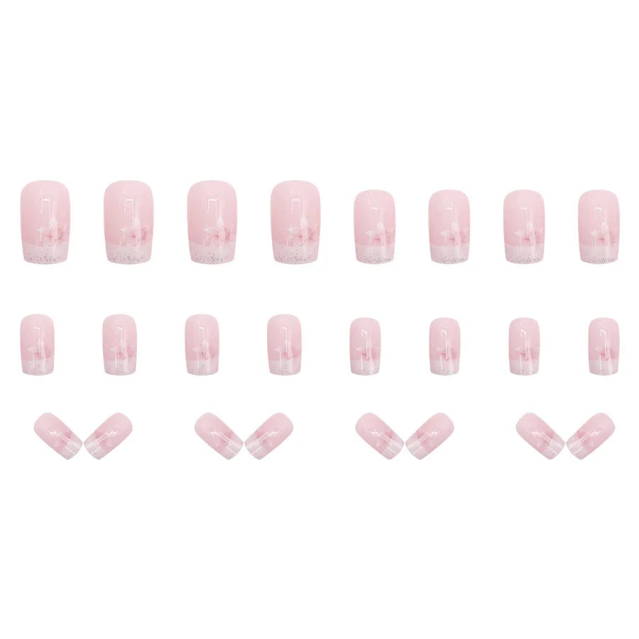 Nude Pink Floral Press-On Nails – Square Ballet Shape with Glitter | 24-Piece Set - Zenflow Active