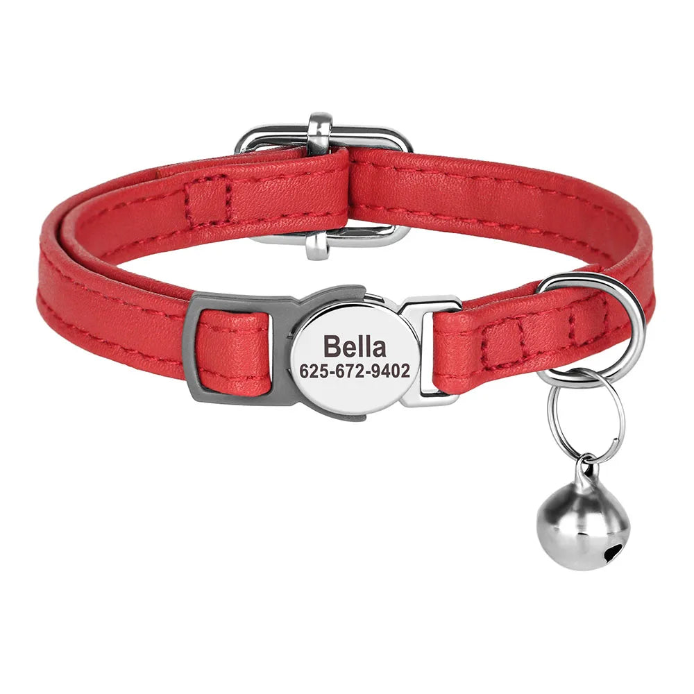 Personalised Cat Collar | PU Leather with Engraved ID Nameplate & Bell - Zenflow Active