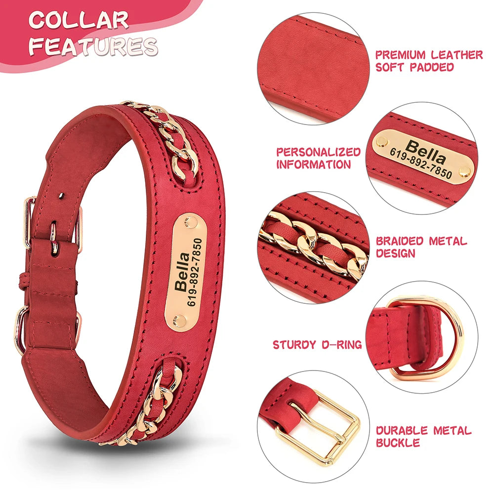 Personalised Leather Dog Collar | Custom Engraved Name & ID with Chain Accessories - Zenflow Active