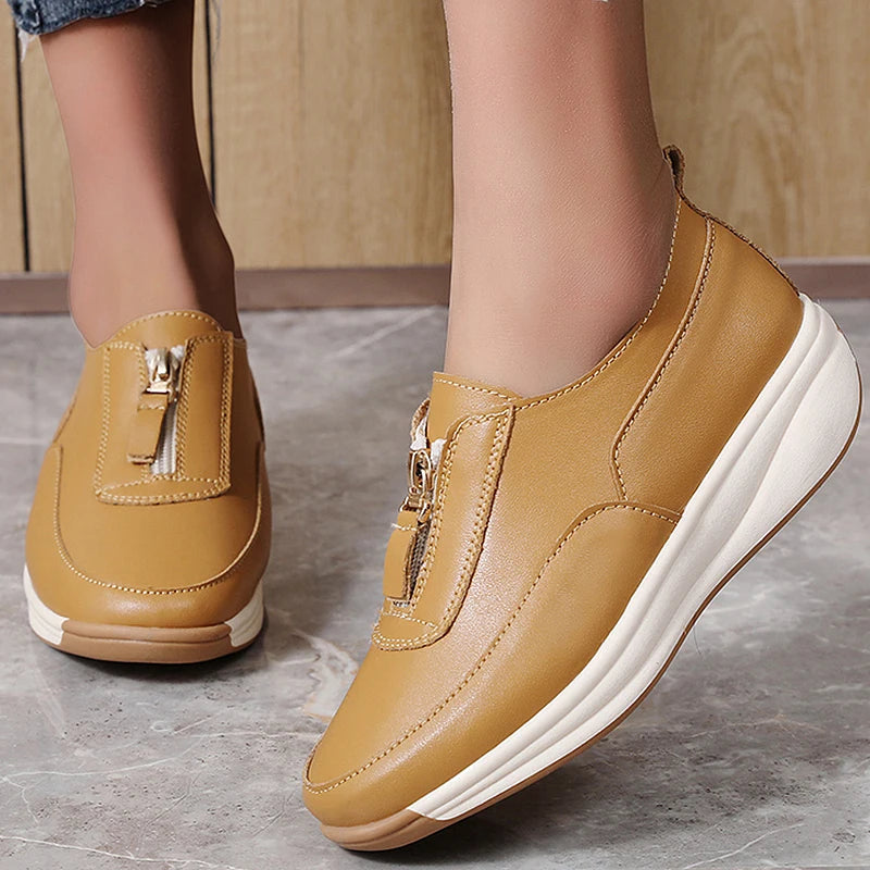 Women's Split Leather Loafer Flats — Zip Closure, Wedge Sole, Round Toe, Casual Everyday Shoe - Zenflow Active
