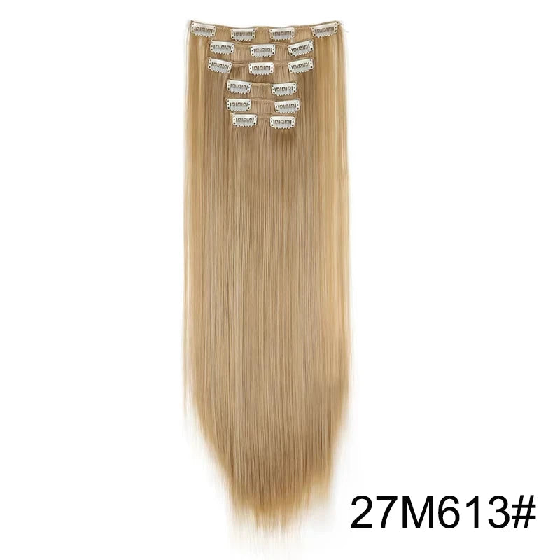 16 Clips in Hair Extensions 24Inchs Long Straight Hairstyle Synthetic Blonde Black Hairpieces Heat Resistant Fake Hair 6Pcs/Set - Zenflow Active