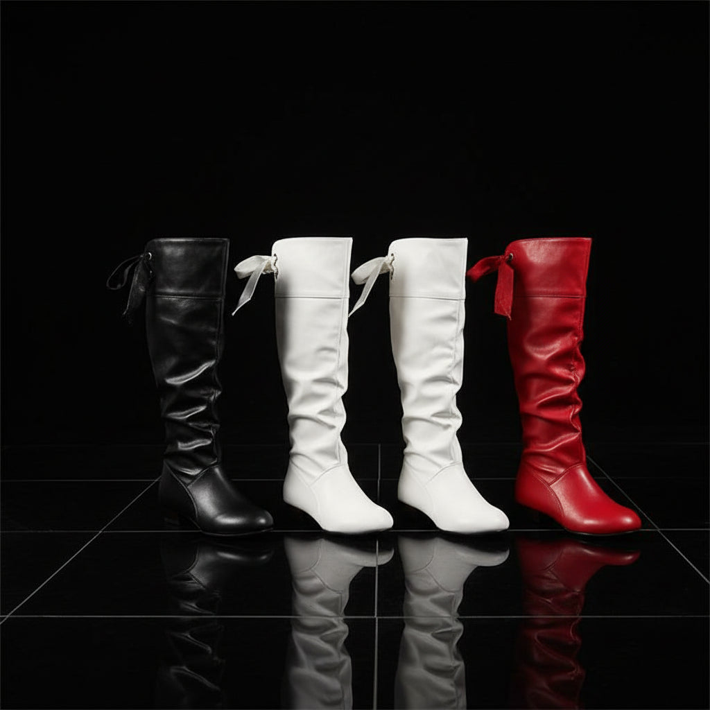 Women's Pleated PU Leather Knee-High Boots — Lace-Up, Square Low Heel, Round Toe - Zenflow Active