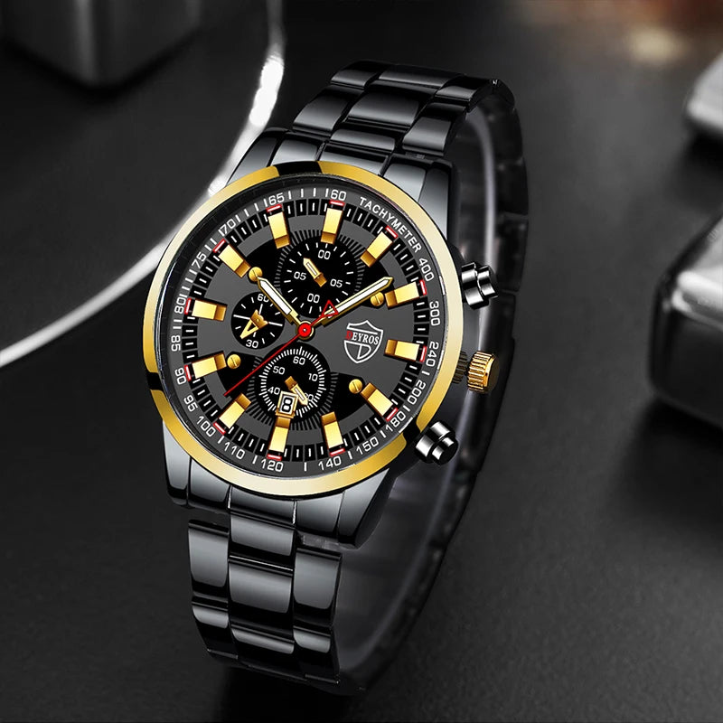 Men's Watch Black Stainless Steel Quartz Wristwatch - Zenflow Active
