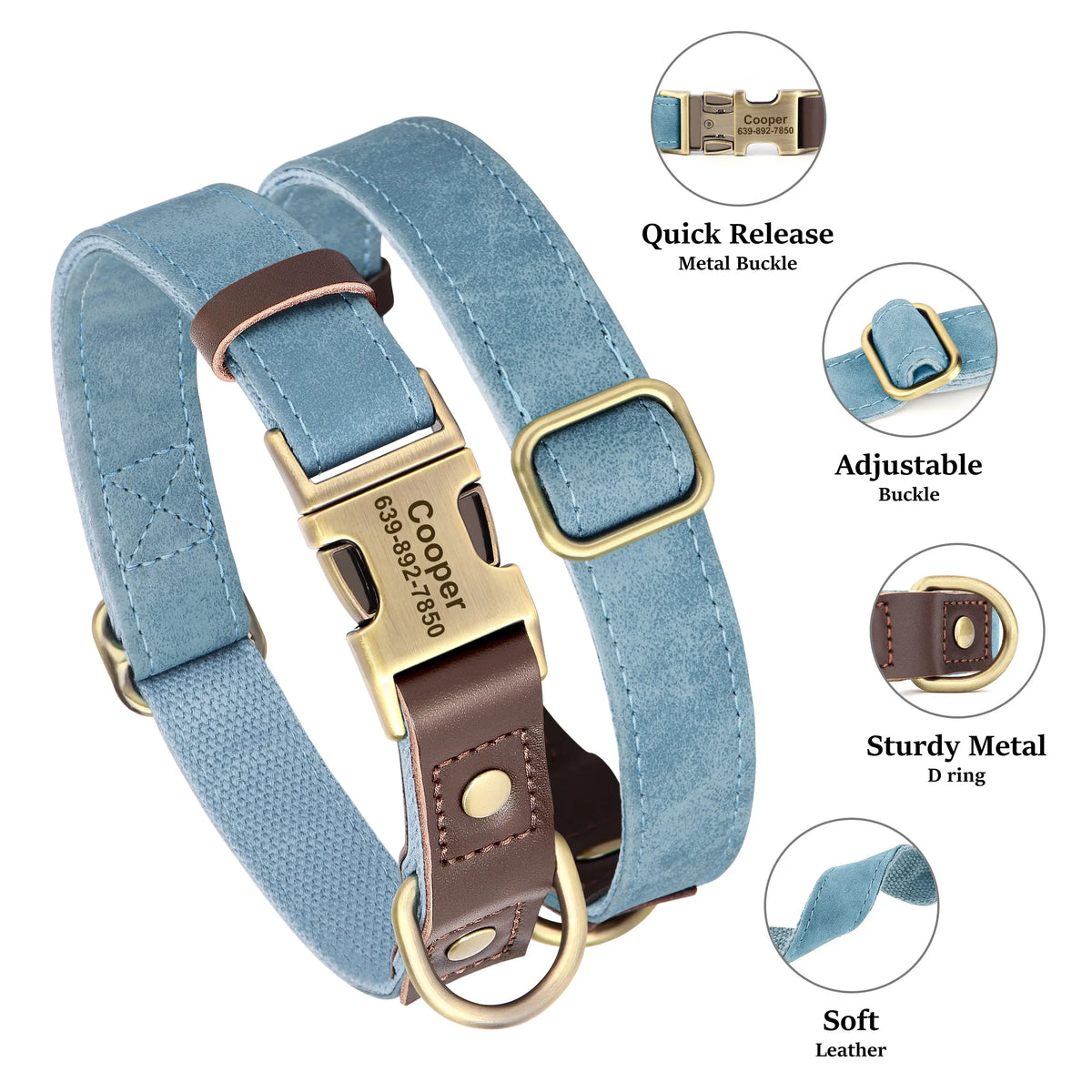Custom PU Leather Dog Collar | Personalised Engraved ID Necklace for Small, Medium & Large Dogs - Zenflow Active