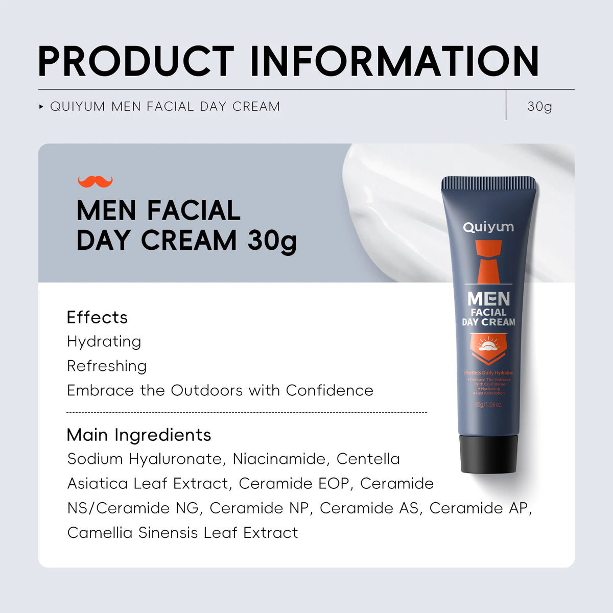 Quiyum Men's Hydrating Day Cream with Ceramides & Hyaluronic Acid, 30g - Zenflow Active