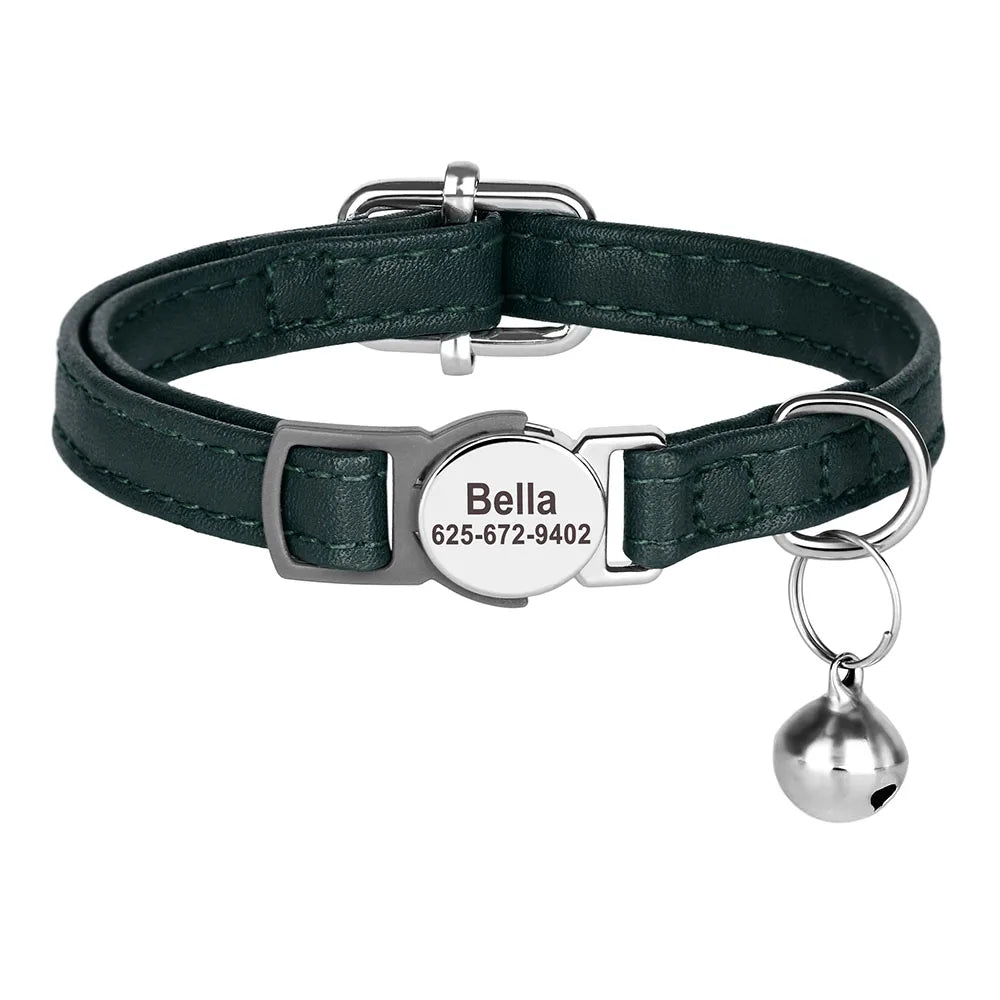 Personalised Cat Collar | PU Leather with Engraved ID Nameplate & Bell - Zenflow Active