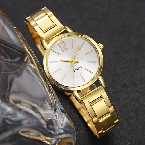 2PCS Women's Watch Fashion Gold Steel Band Quartz Wristwatch Opening Cuff Bracelet Set - Zenflow Active