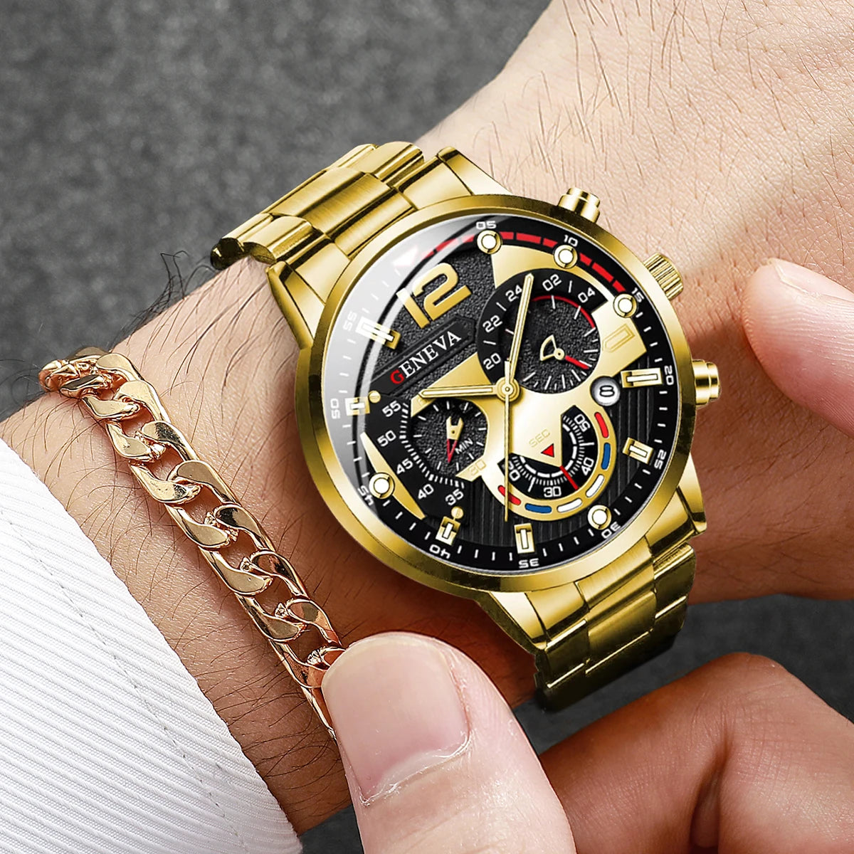 Men's Quartz Watch & Bracelet Set — Steel Band, Arabic Dial, Folding Clasp - Zenflow Active