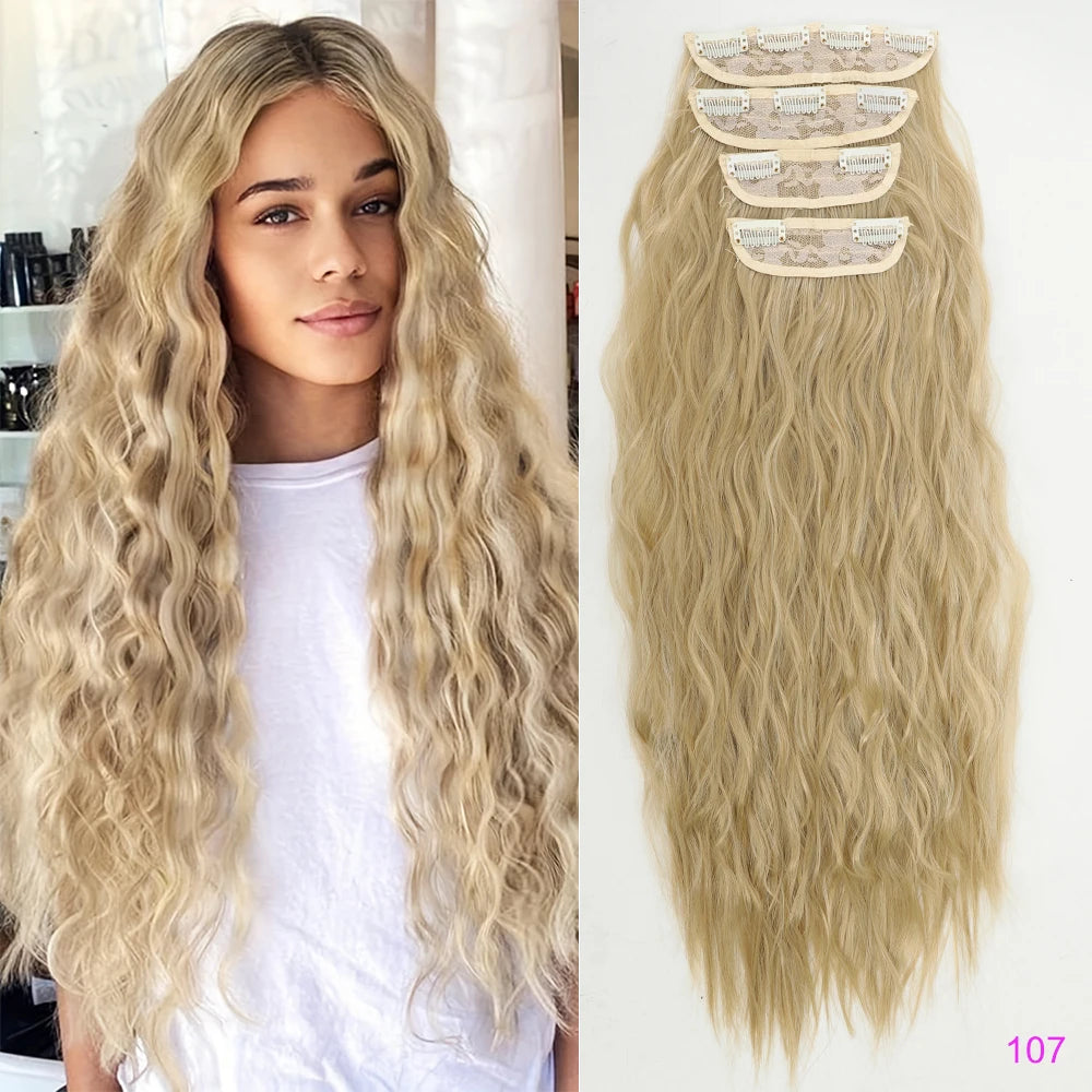 Set of 4 Clip-In Hair Extensions in a Brown-Blonde Shade, 60.96 cm Long, Featuring Wavy And Curly Synthetic Hair - Zenflow Active