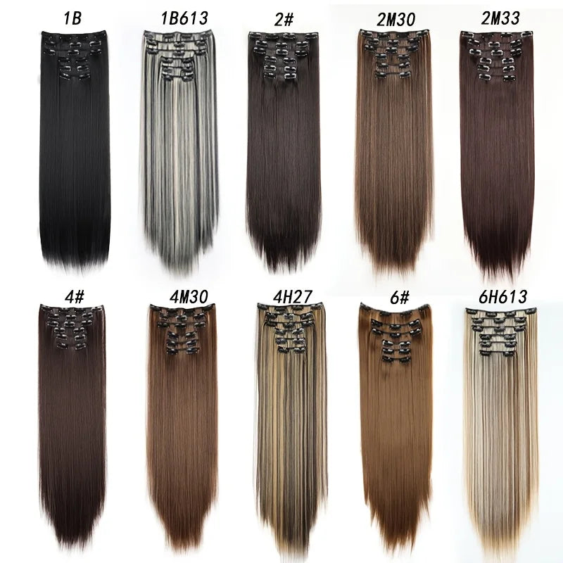 16 Clips in Hair Extensions 24Inchs Long Straight Hairstyle Synthetic Blonde Black Hairpieces Heat Resistant Fake Hair 6Pcs/Set - Zenflow Active