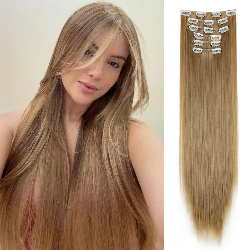 Hair Extensions 24"/60cm 6pcs/set Women Long Straight Synthetic Full Head Clip 16 Clips Ombre Heat Resistant Fiber Hair - Zenflow Active