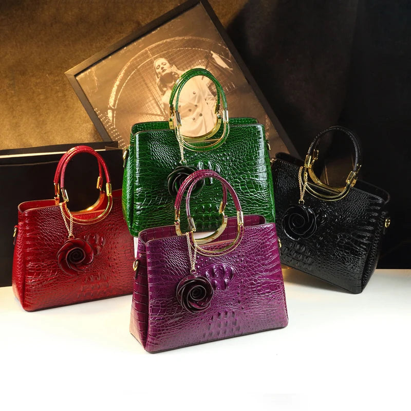 Genuine Leather Women's Handbags Crocodile Pattern Lady Flower Tassel Shoulder Bag - Zenflow Active