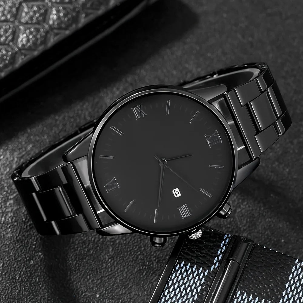 4-piece/set men's black minimalist quartz watch set with bracelet, necklace, and ring - Zenflow Active