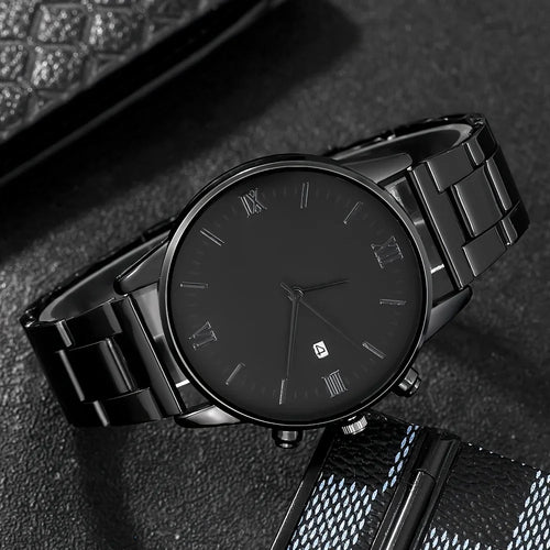 4-piece/set men's black minimalist quartz watch set with bracelet, necklace, and ring - Zenflow Active