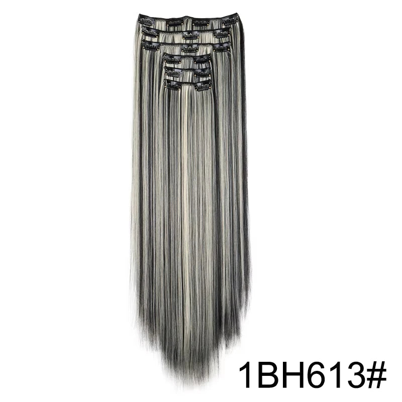 16 Clips in Hair Extensions 24Inchs Long Straight Hairstyle Synthetic Blonde Black Hairpieces Heat Resistant Fake Hair 6Pcs/Set - Zenflow Active