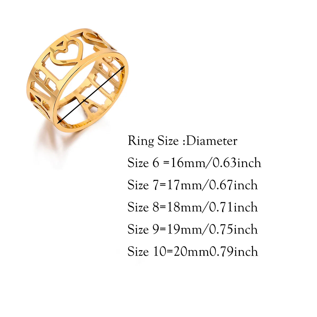 Custom Broad Surface Name Heart Rings Women Unisex Gold Colour Personalization 6-10 Size Wedding Bride Jewellery Stainless Steel - Zenflow Active