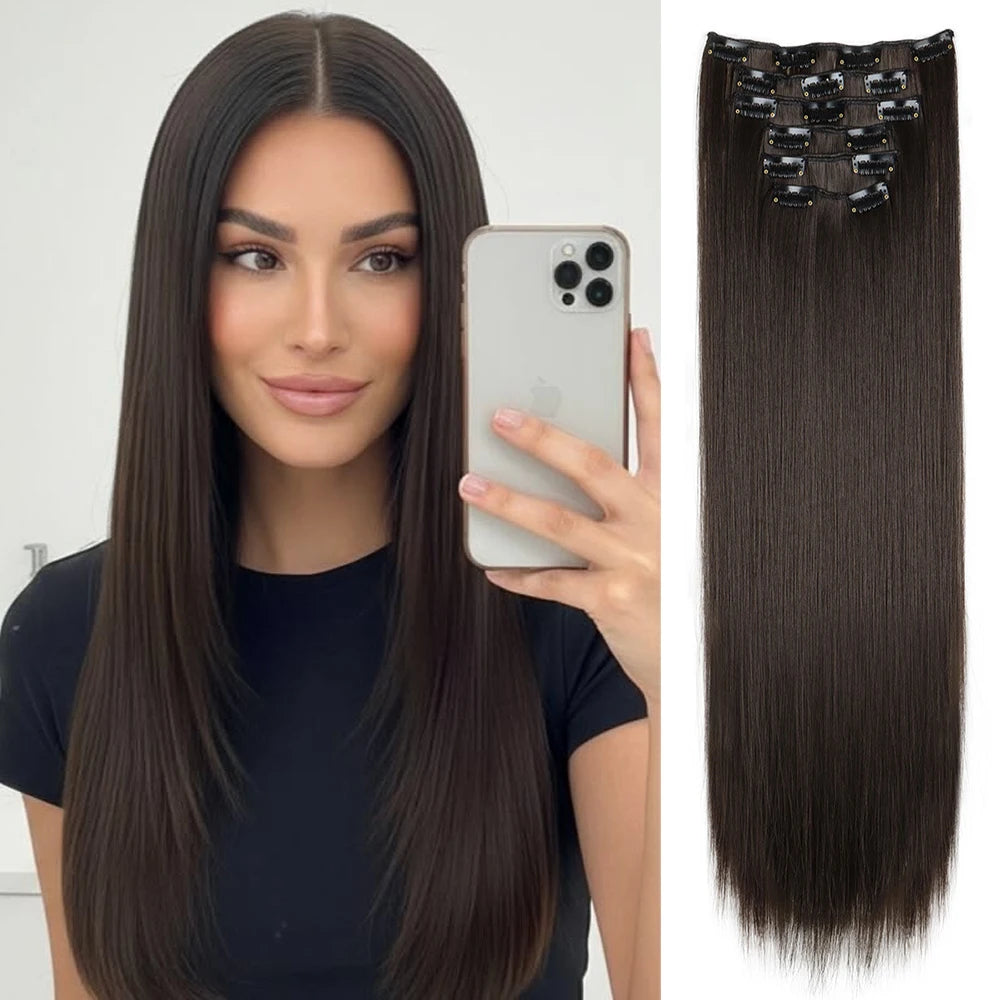Hair Extensions 24"/60cm 6pcs/set Women Long Straight Synthetic Full Head Clip 16 Clips Ombre Heat Resistant Fiber Hair - Zenflow Active