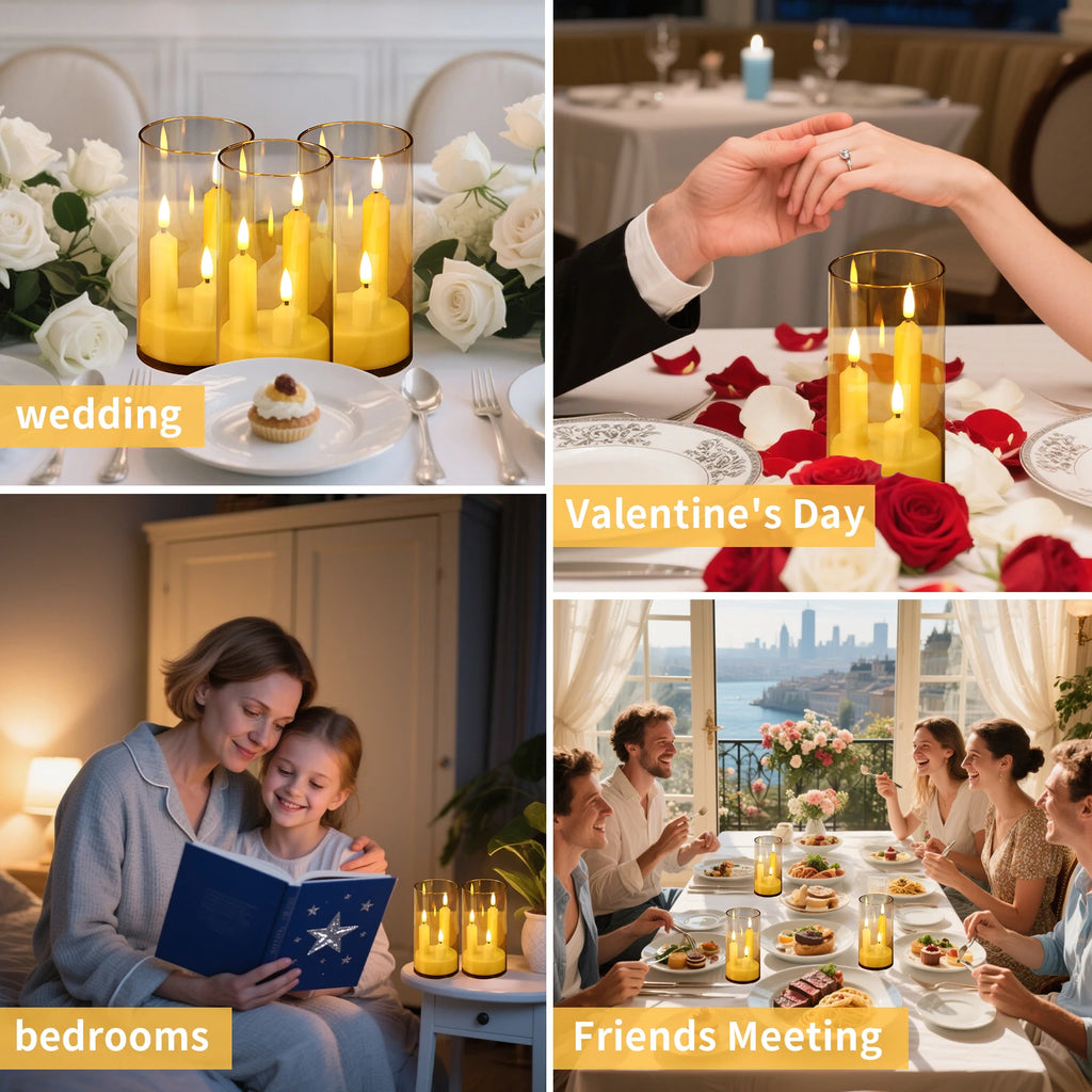 3 in 1 Flameless 5/8/10CM Taper Candles Battery Operated LED Acrylic Pillar Flickering LED Electronic Candles with Lampshade - Zenflow Active