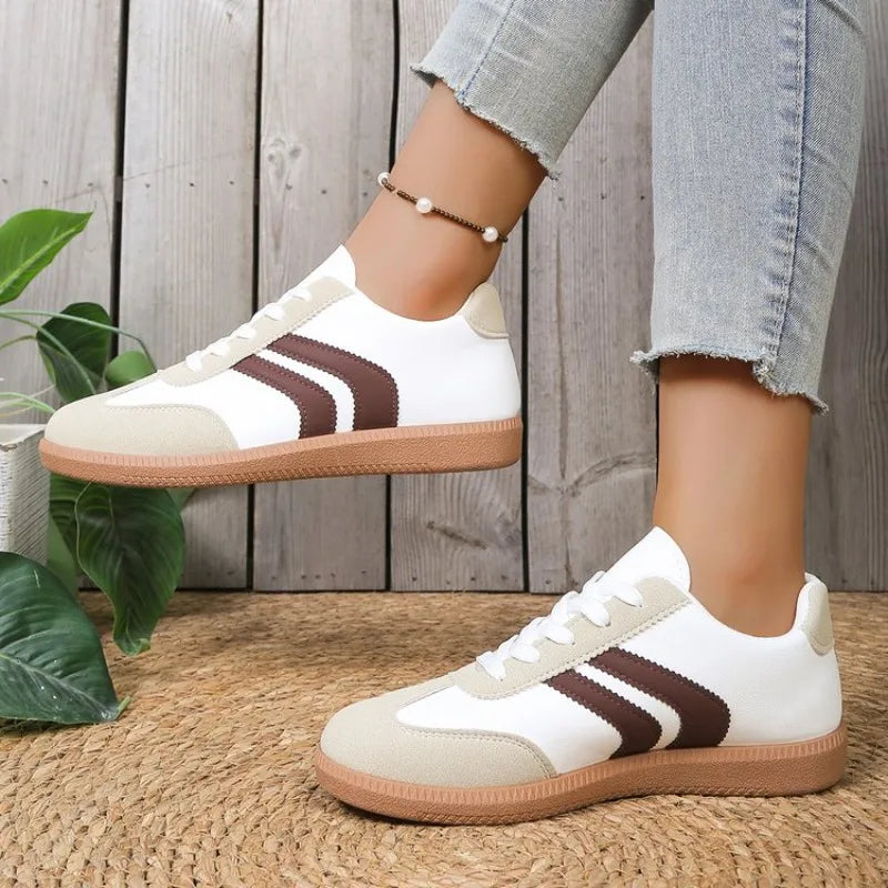Women's PU Lace-Up Flat Sports Shoes — Soft Sole, Round Toe, Rubber Outsole, Casual - Zenflow Active