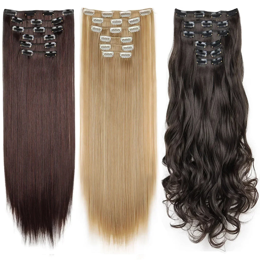 Black Hair Extensions 24"/60cm 6pcs/set Women Long Straight Synthetic Full Head Clip 16 Clips Ombre Heat Resistant Fiber Hair - Zenflow Active