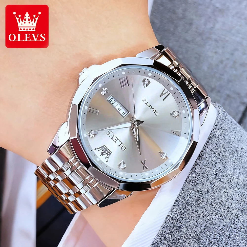 OLEVS 9931 Men's Quartz Watch — Rhombus Bezel, Roman Numeral, Date & Week, Luminous - Zenflow Active