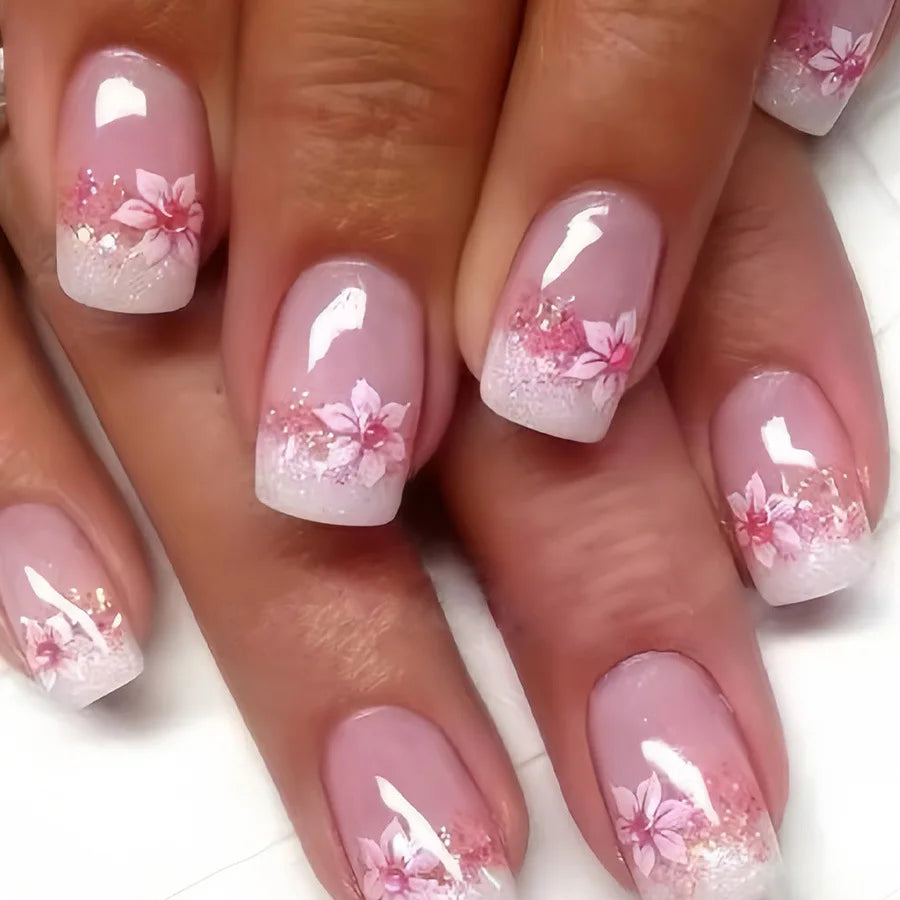 Nude Pink Floral Press-On Nails – Square Ballet Shape with Glitter | 24-Piece Set - Zenflow Active
