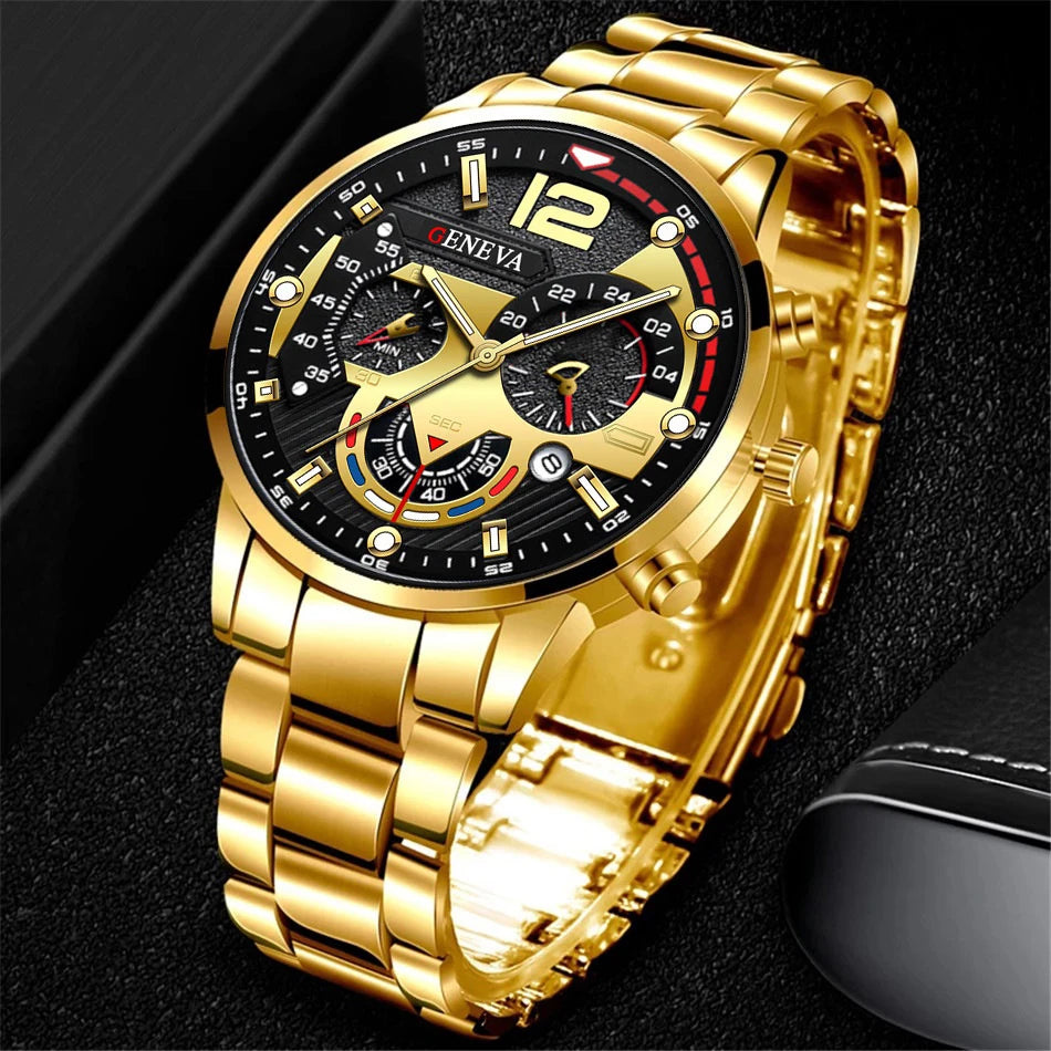 Men's Watch Stainless Steel Band Analog Quartz Wristwatch with Calendar - Zenflow Active