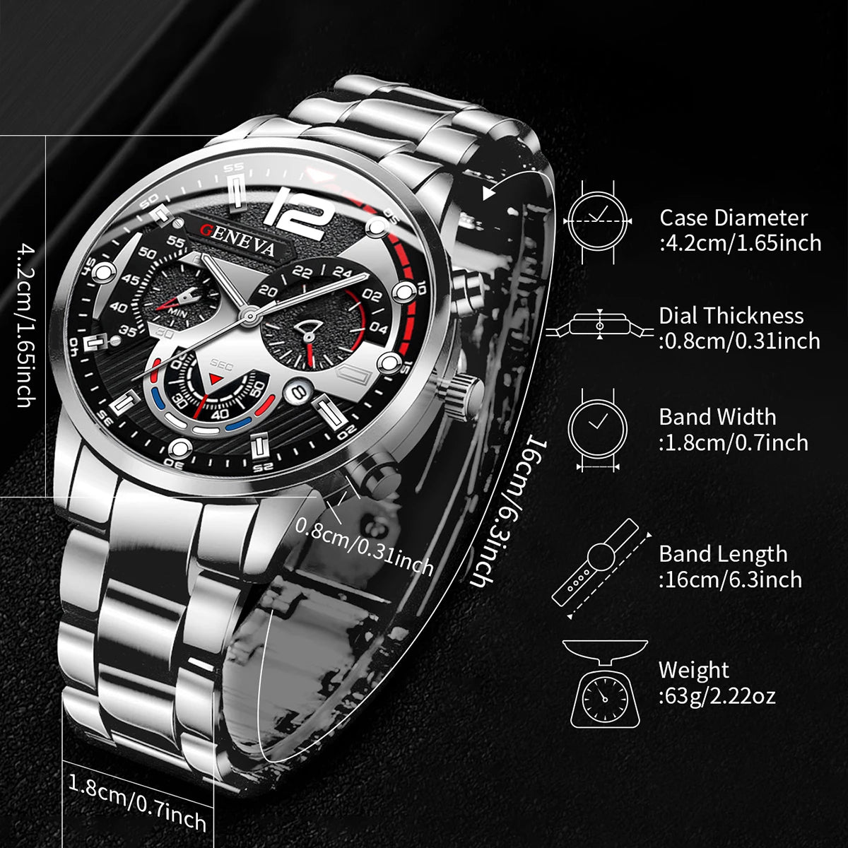 Men's Watch Stainless Steel Band Analog Quartz Wristwatch with Calendar - Zenflow Active